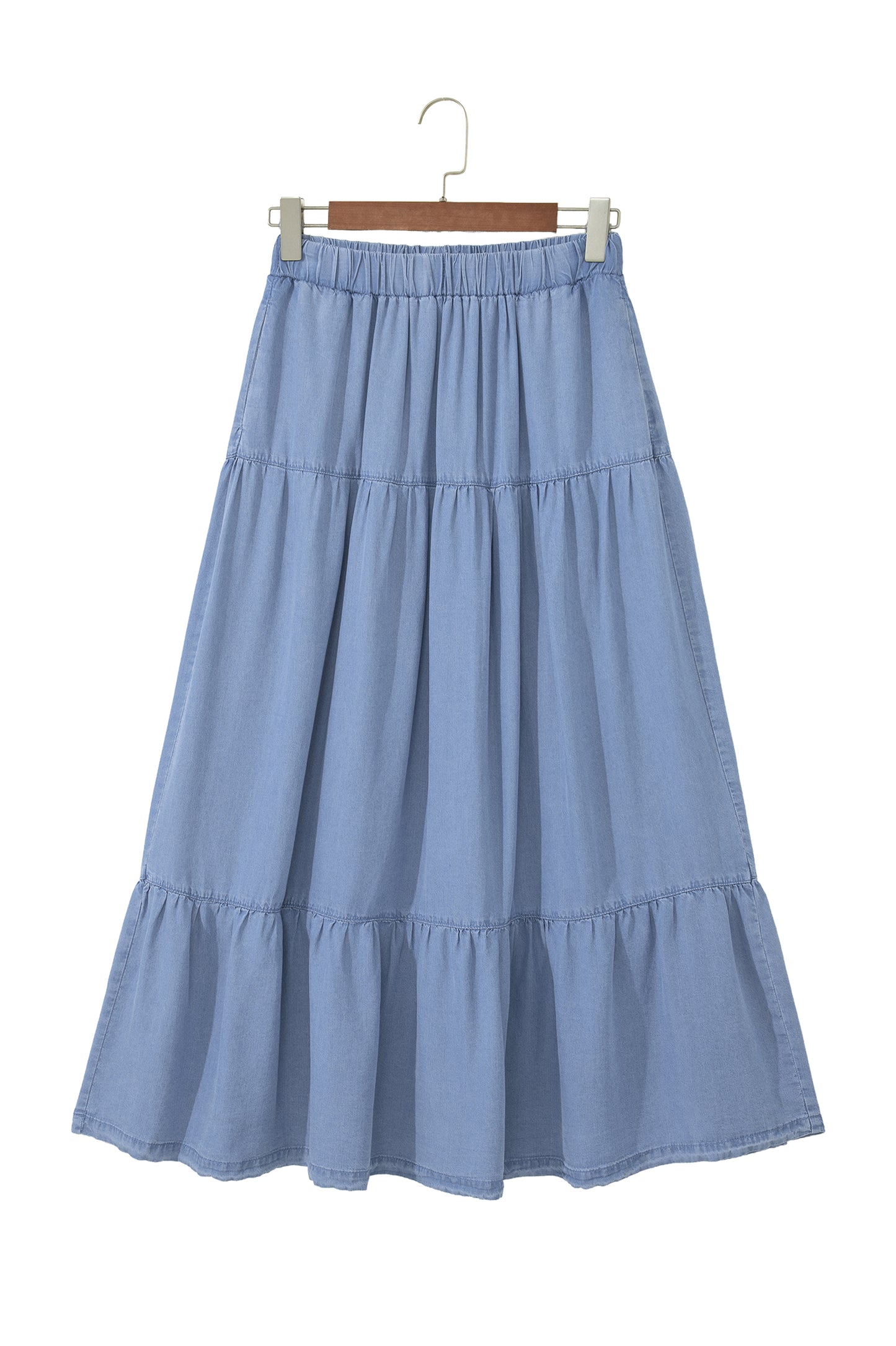 Denim Ruffle Tiered Flared Maxi Skirt
