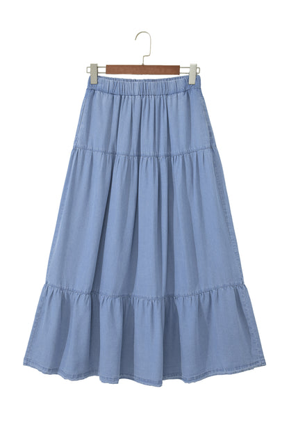 Denim Ruffle Tiered Flared Maxi Skirt