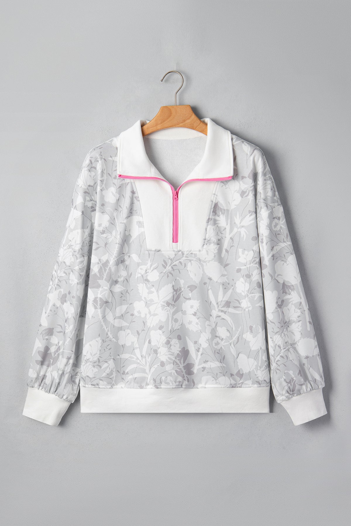 Floral Quarter Zip Collar Drop Shoulder Sweatshirt