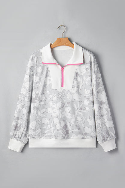 Floral Quarter Zip Collar Drop Shoulder Sweatshirt