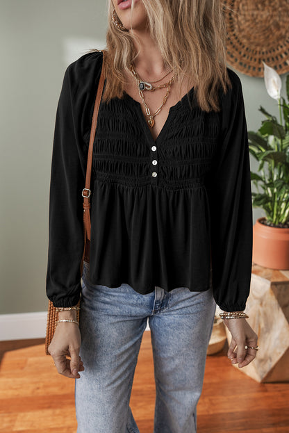 Solid Smocked Split V-Neck Buttoned Blouse