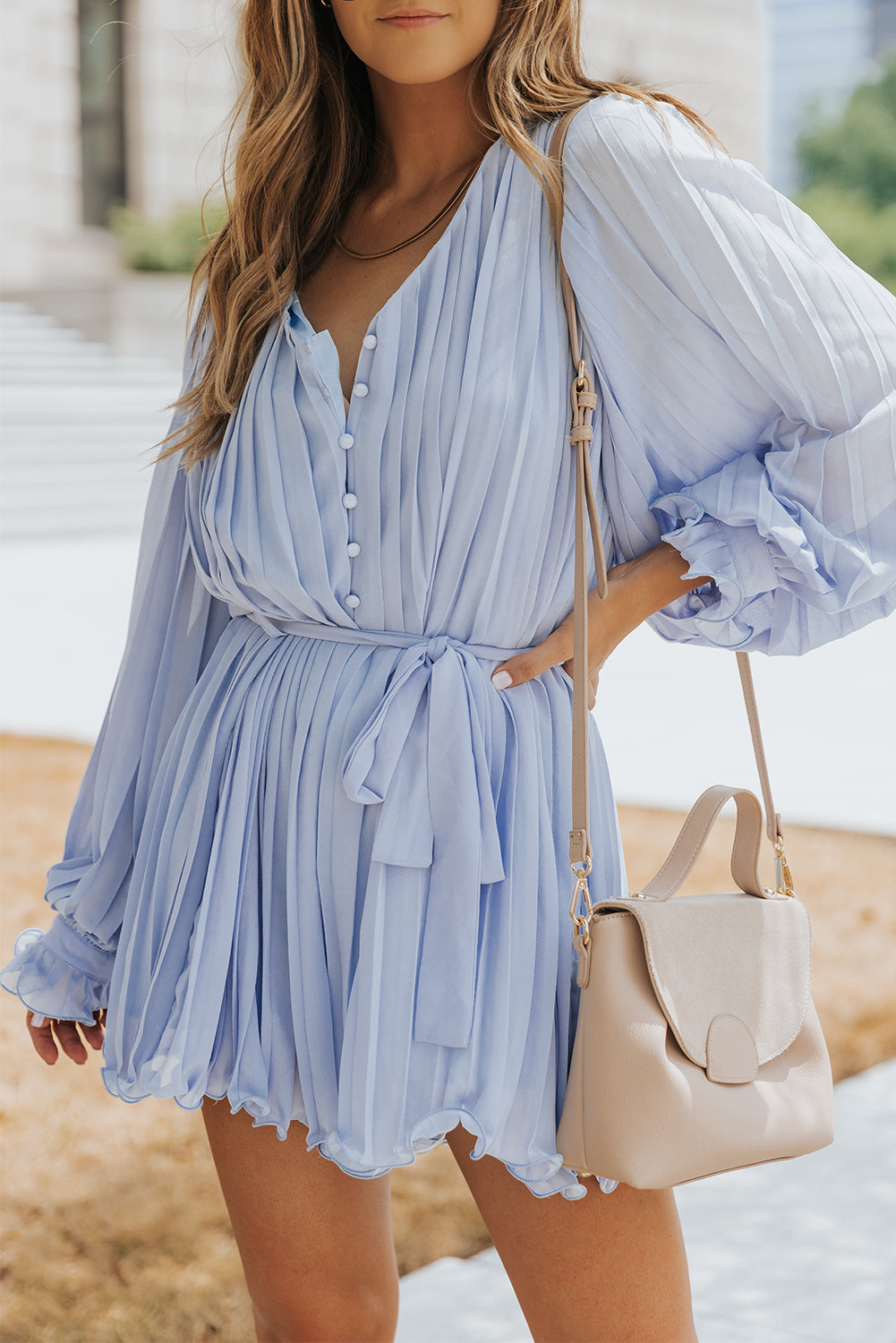 Pleated Ruffle Tie Waist Romper