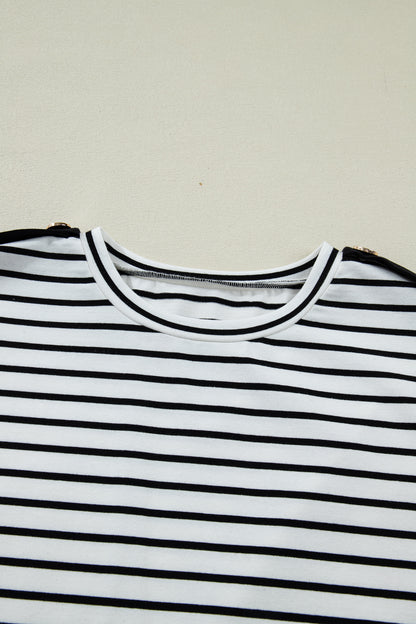 Stripe Buttoned Shoulder Cuffed Short Sleeve Tee