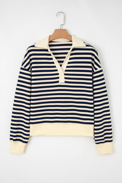 Stripe Collared V-Neck Long Sleeve Top