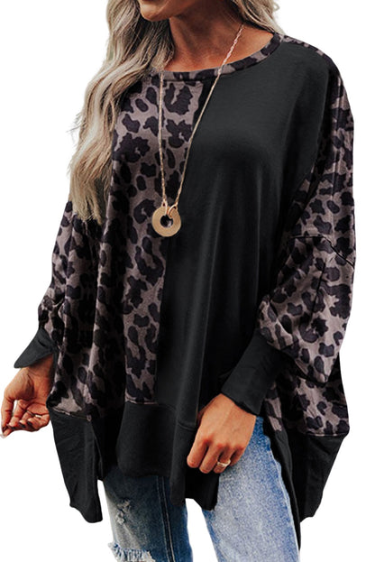 Leopard Colorblock Bishop Sleeve Sweatshirt