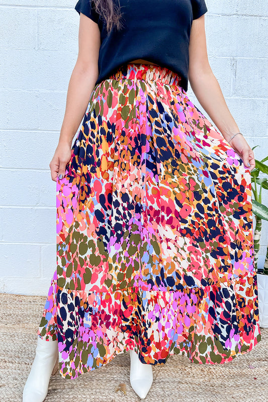 Abstract Floral Ruffle Maxi Skirt