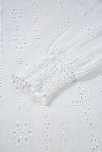 Solid Eyelet Embroidered Long Sleeve Blouse