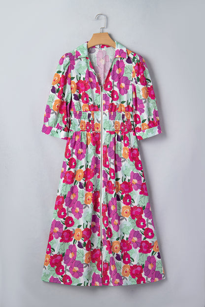 Floral Zip-Up V-Neck Short Puff Sleeve Dress
