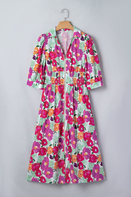 Floral Zip-Up V-Neck Short Puff Sleeve Dress