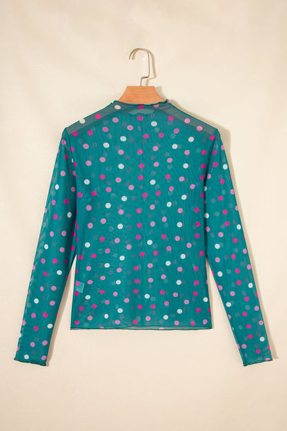 Polka Dot Mesh Bodycon Mock Neck Top