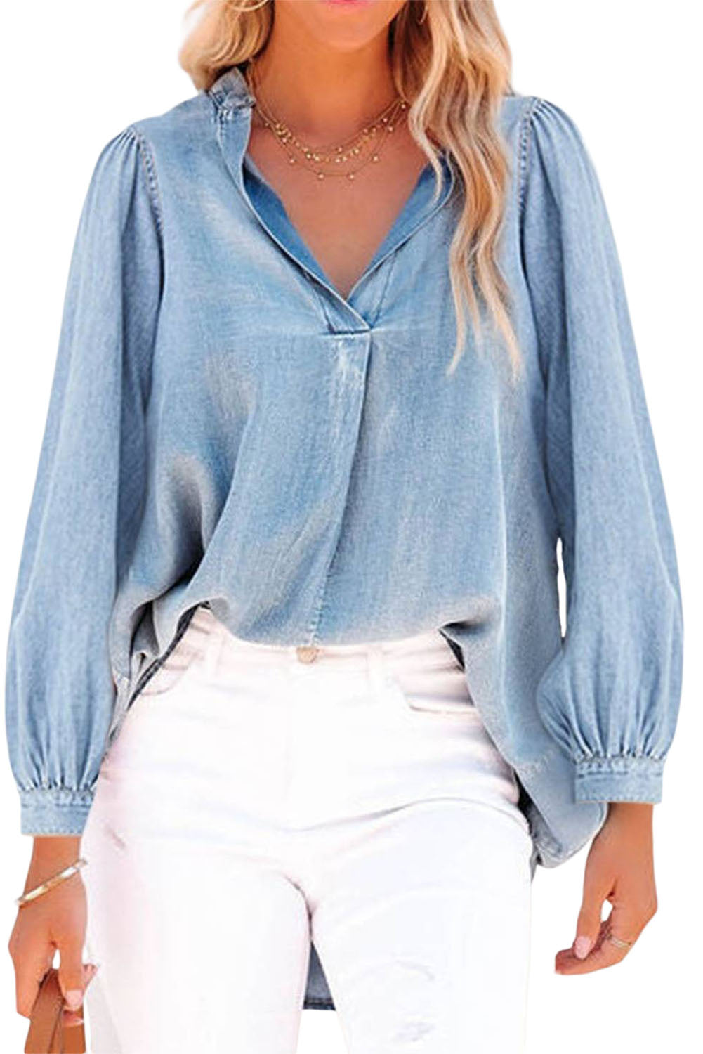 Denim Split V-Neck Balloon Sleeve Top