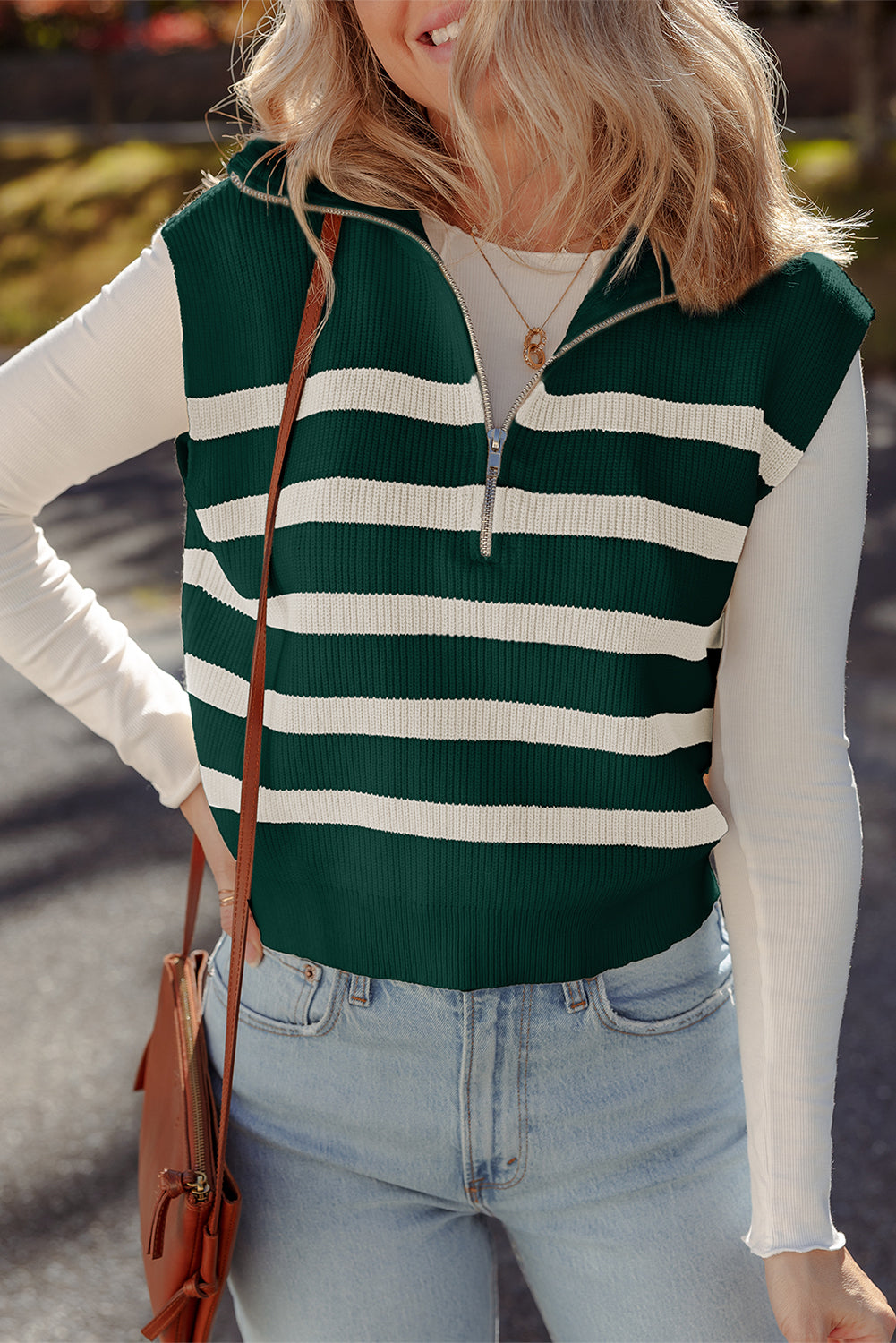 Stripe Ribbed Half-Zip Collar Sleeveless Sweater
