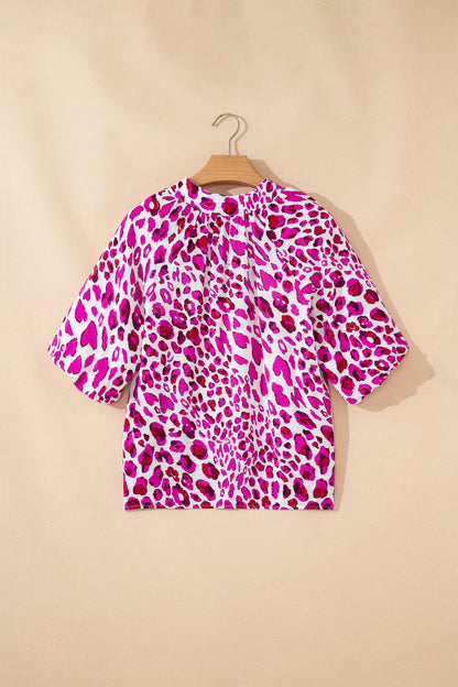 Leopard V-Neck Puffy 3/4 Sleeve Ruffle Blouse