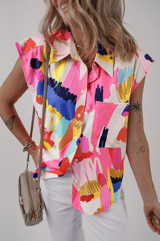 Abstract Cap Sleeve Buttoned Shirt