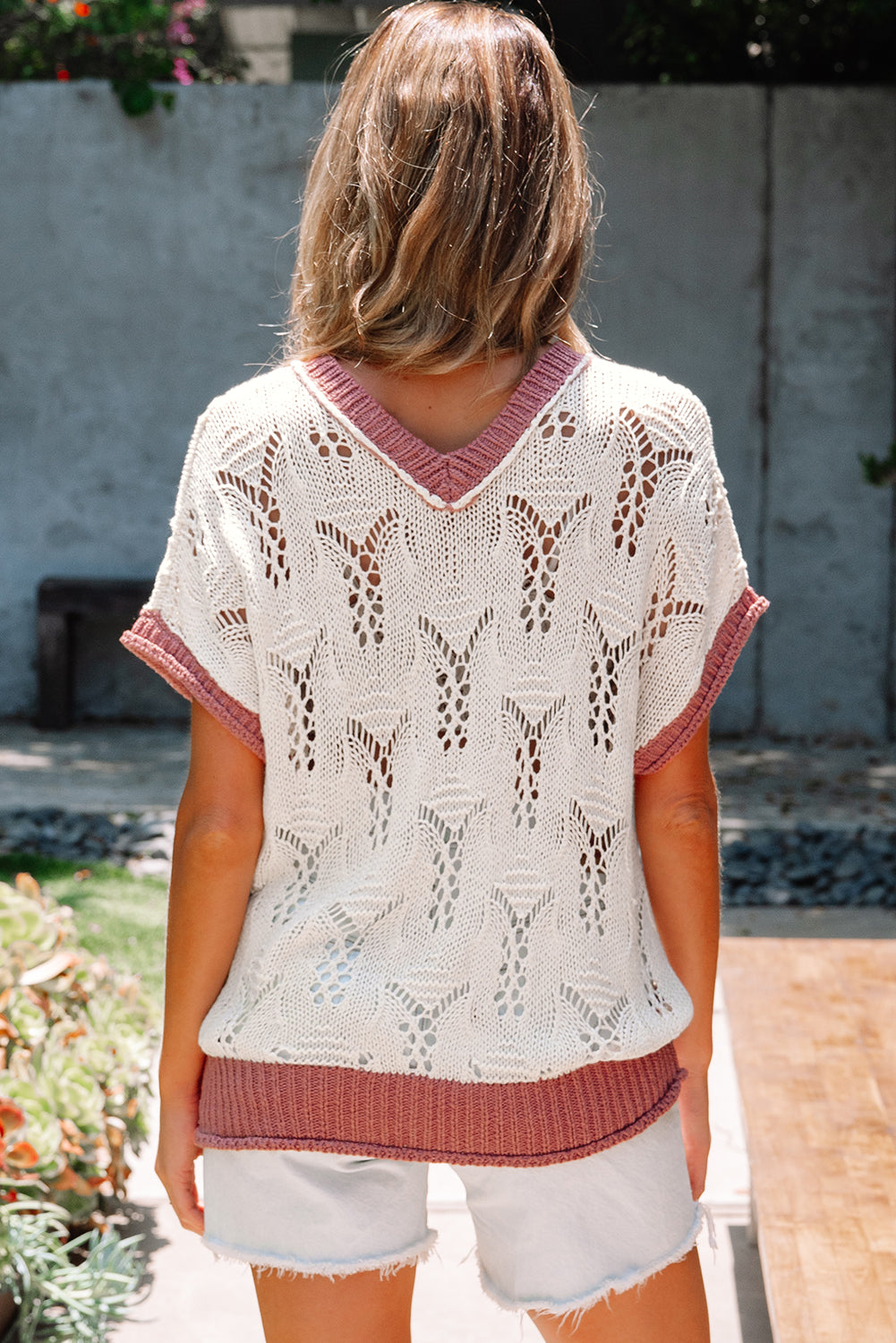 Flower Embroidered Colorblock Edge Hollowed Sweater