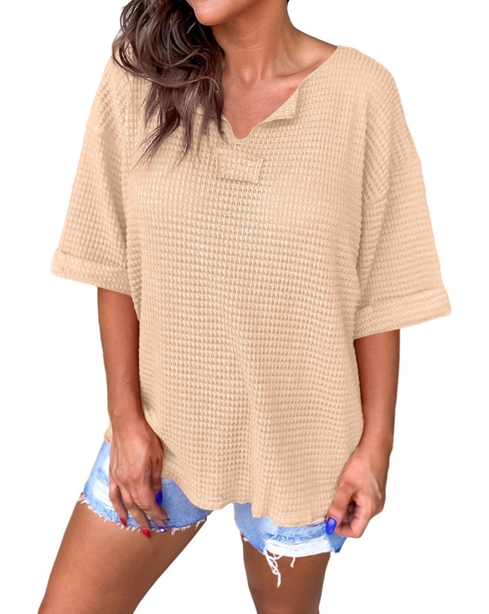 Waffle Cuffed Short Sleeve Top