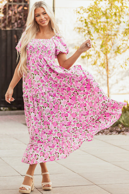 Dainty Floral Smocked Puff Sleeve Flowy Maxi Dress