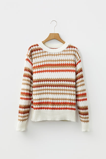 Stripe Eyelet Knit Drop Shoulder Sweater