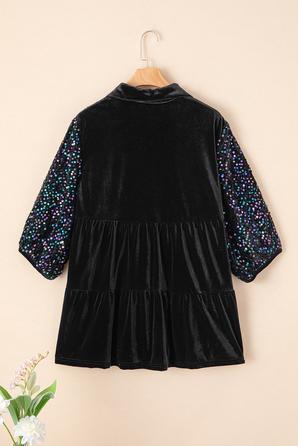 Velvet Sequin Puff Sleeve Buttoned Peplum Shirt