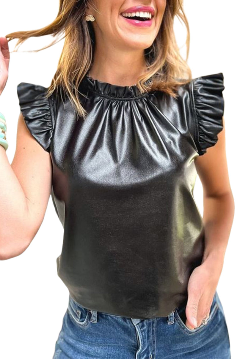 Leather Frilled Ruffle Trim Blouse