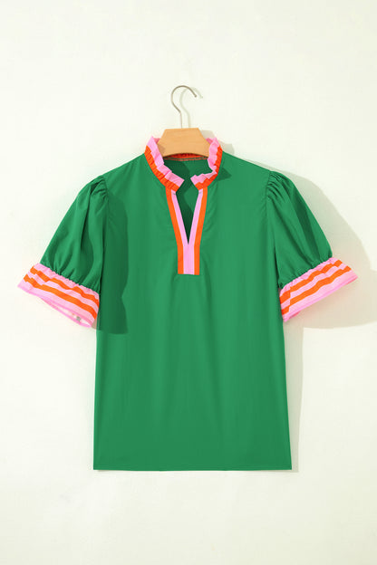 Stripe Frilled Collar Ruffle Short Sleeve Blouse