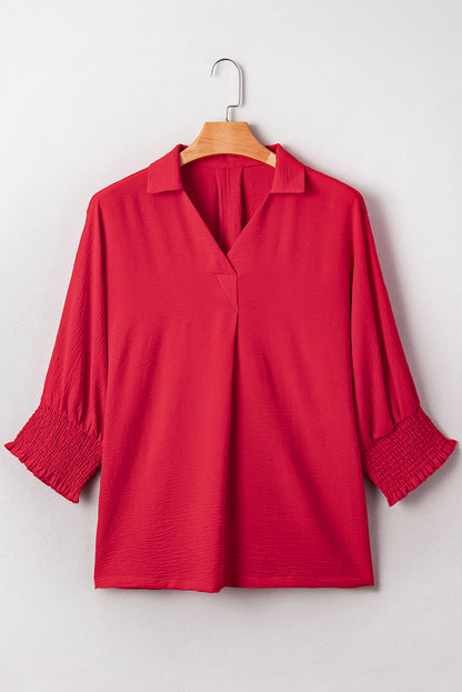Plus Size Solid Collared V-Neck Smocked 3/4 Sleeve Top