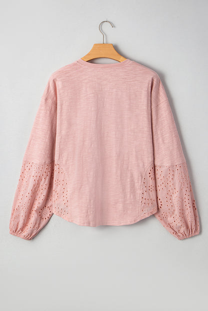 Embroidered Eyelet Patchwork Batwing Sleeve Blouse