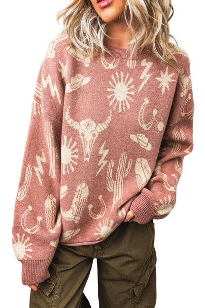Western Drop Shoulder Long Sleeve Sweater