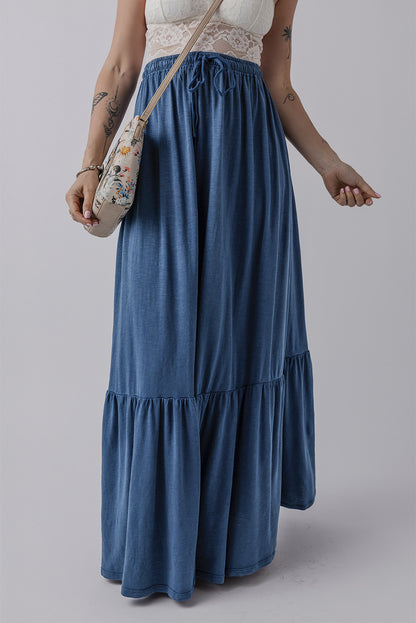 Denim Chambray Tiered Maxi Skirt