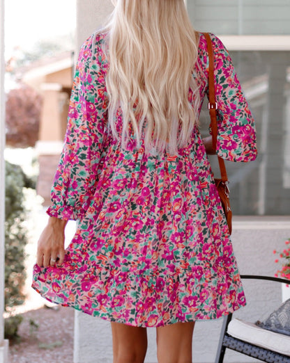 Floral V-Neck Puff Sleeve Dress