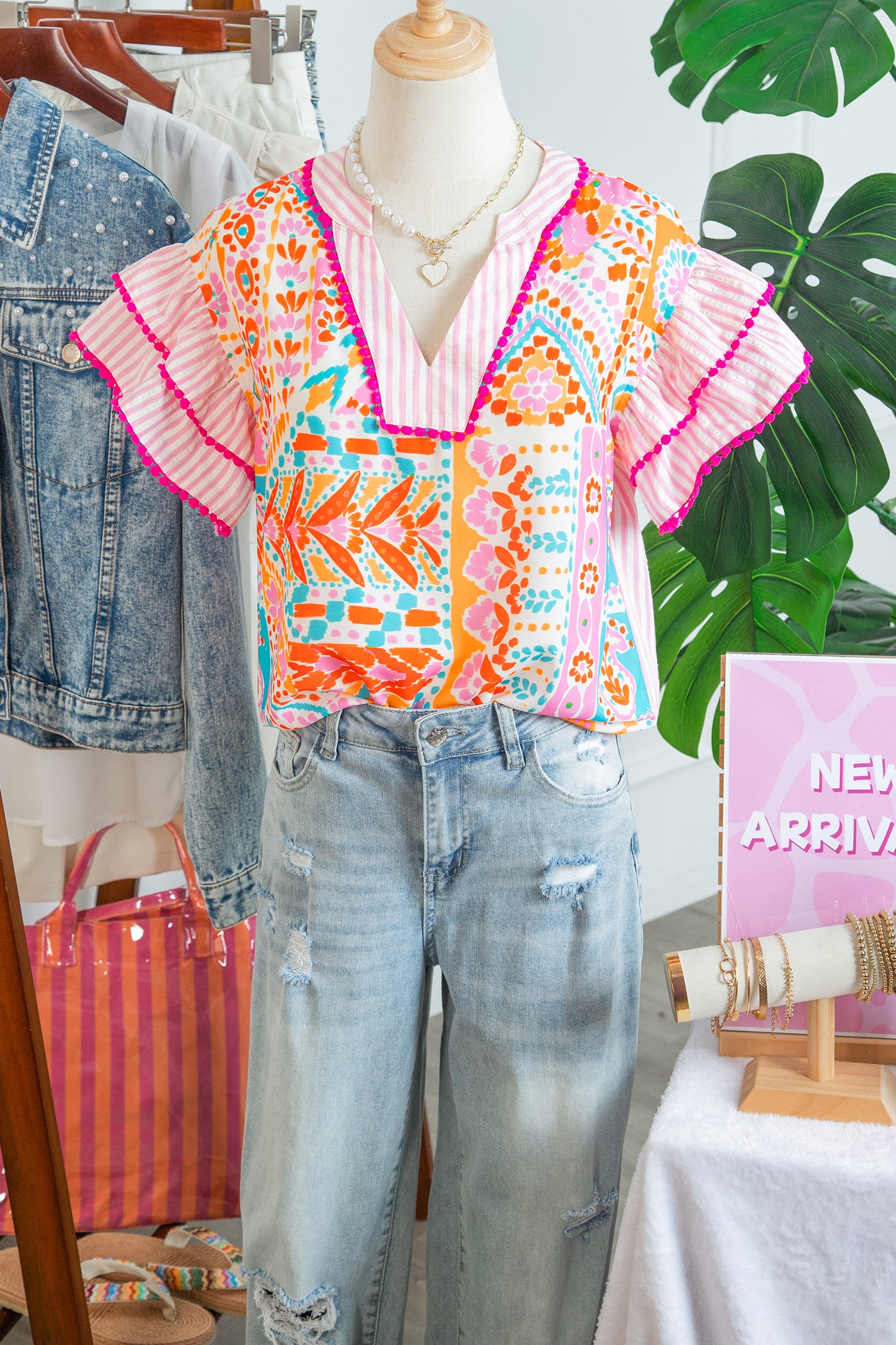 Boho Contrast Trim Patchwork Tiered Short Sleeve Blouse