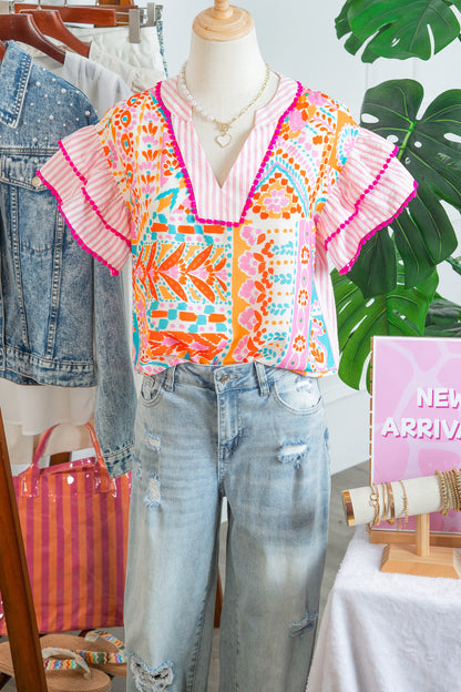 Boho Contrast Trim Patchwork Tiered Short Sleeve Blouse