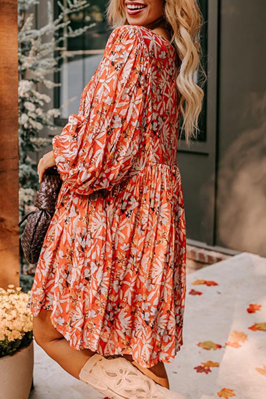 Plus Size Floral Bubble Sleeve Midi Dress