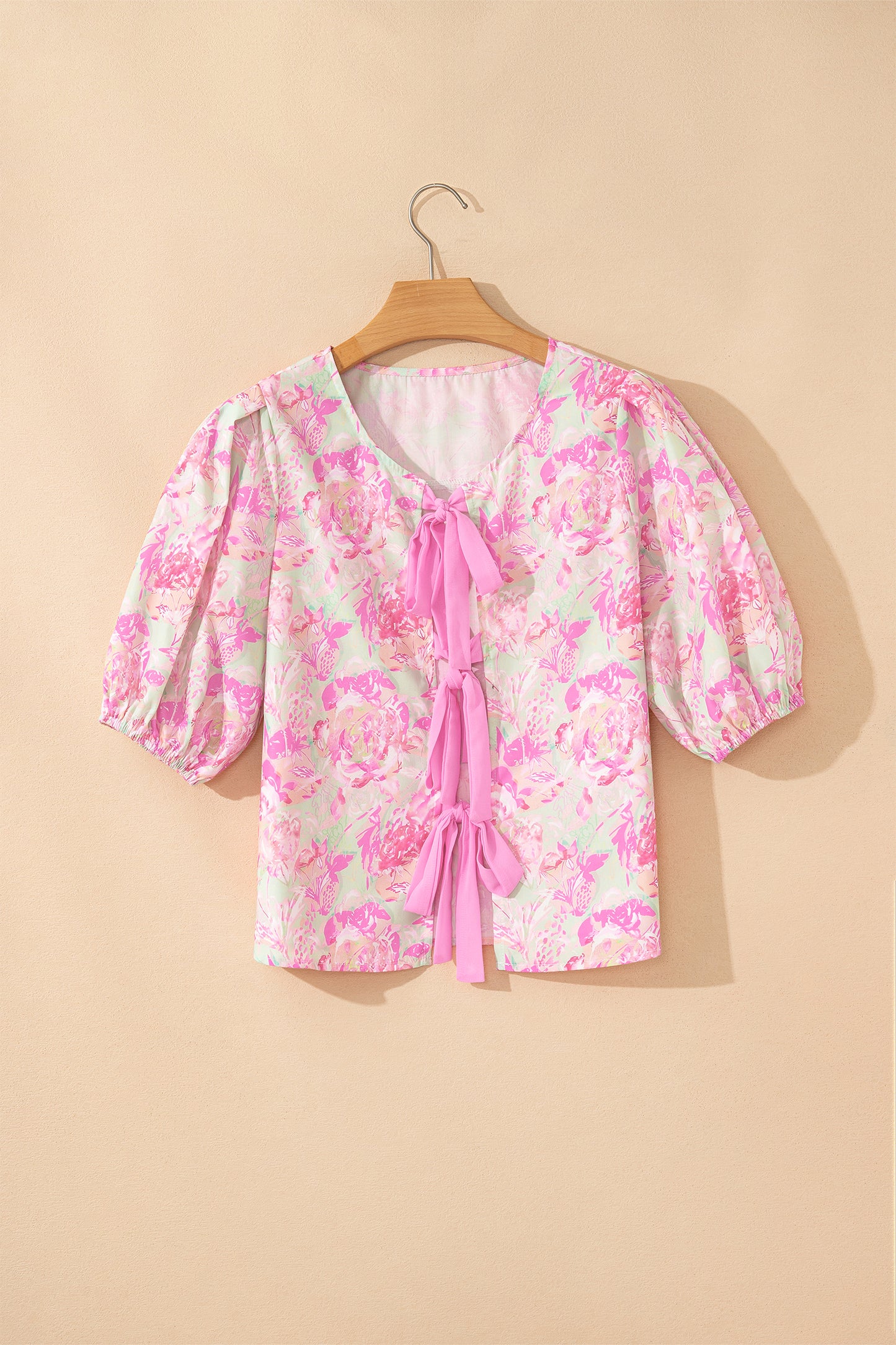 Floral Ribbon Tie Front Puff Sleeve Blouse