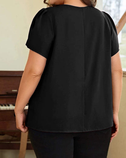 Pleated Keyhole Crewneck T-Shirt Plus Size