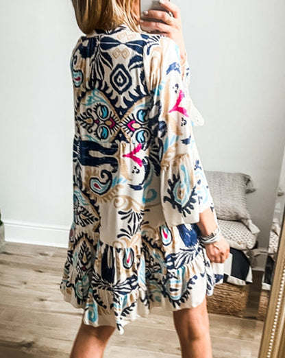 Boho Buttoned 3/4 Sleeve Mini Dress