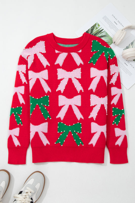 Bow Pearl Embellished Christmas Sweater