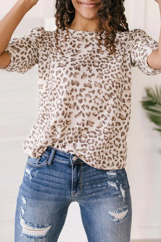 Leopard Textured Ruched Sleeve T-Shirt