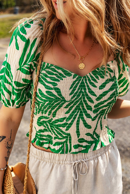 Tropical Smocked Puff Sleeve Crop Top