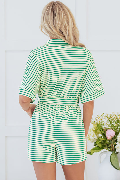 Stripe Short Sleeve Buttoned Collar Belted Romper