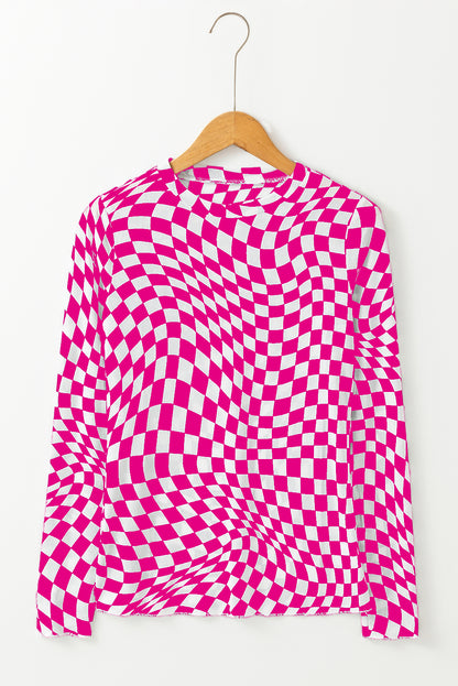Checker Mesh Mock Neck Long Sleeve Top