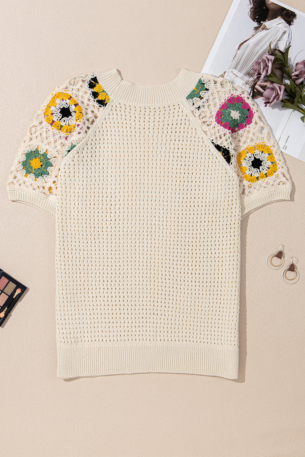 Floral Crochet Short Sleeve Sweater