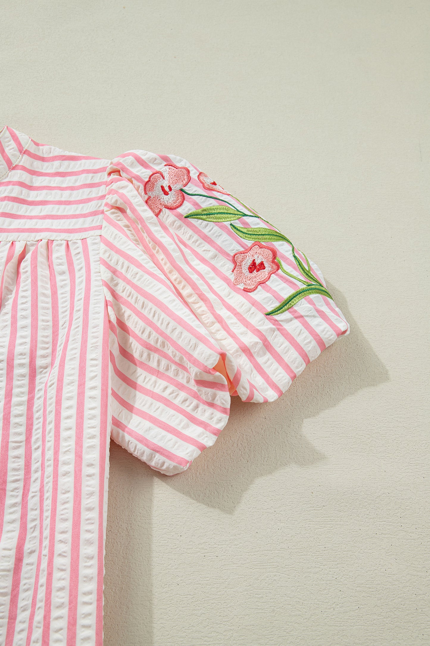 Floral Stripe Embroidered Puff Sleeve V-Neck Blouse