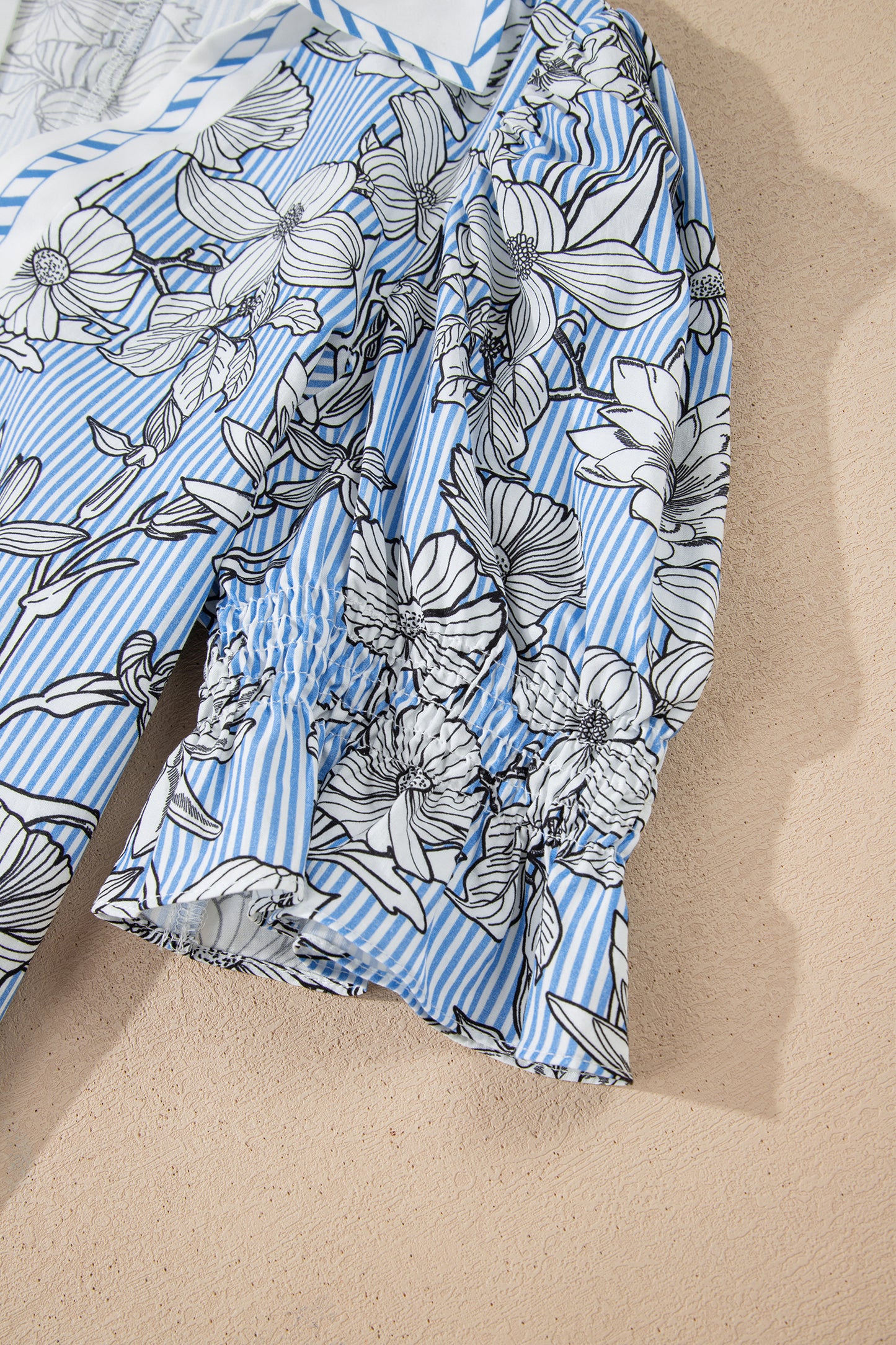 Floral Stripe Polo Collar Short Sleeve Blouse