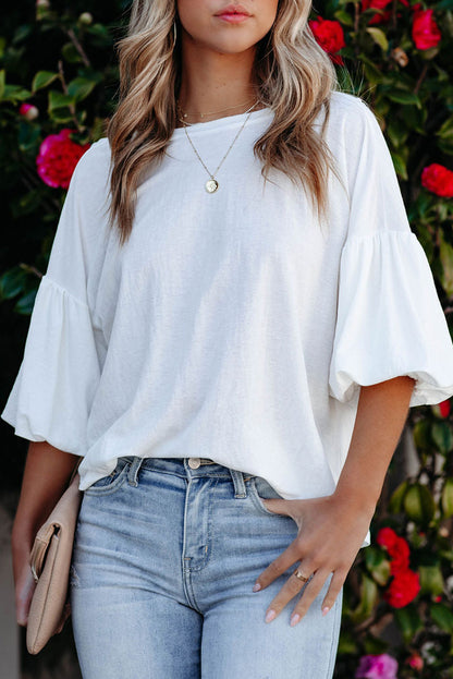 Bubble Sleeve Round Neck Blouse