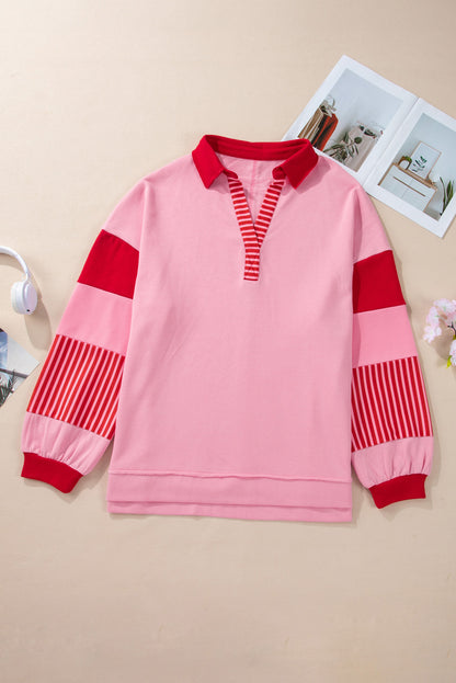 Stripe Collared V-Neck Sweatshirt Plus Size