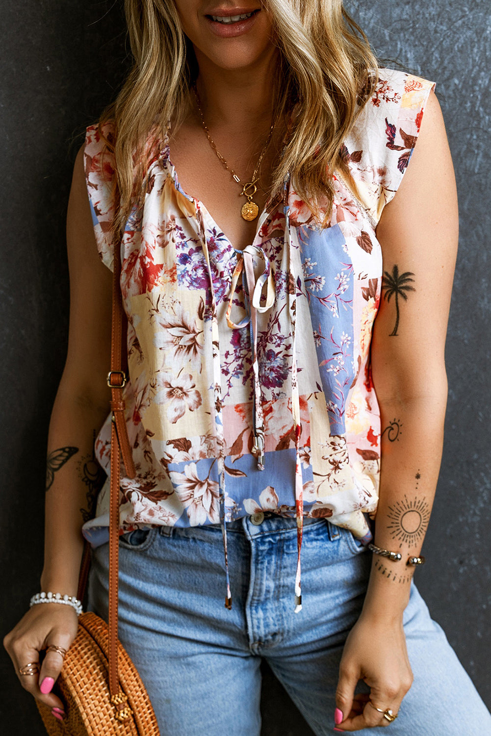 Floral Split V Neck Lace Trim Blouse