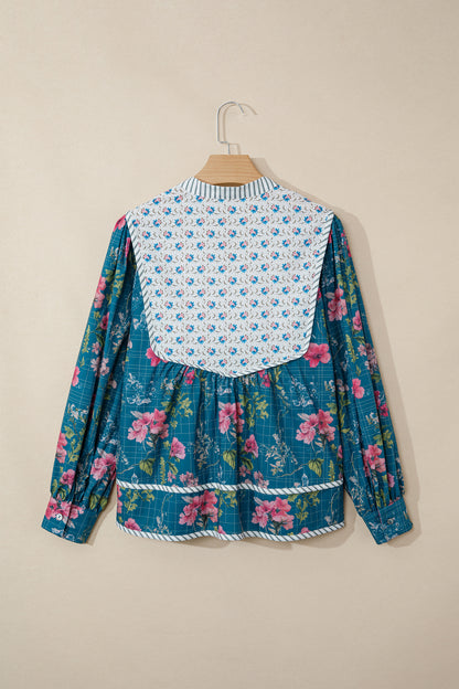 Floral Stripe Patchwork Long Puff Sleeve Blouse