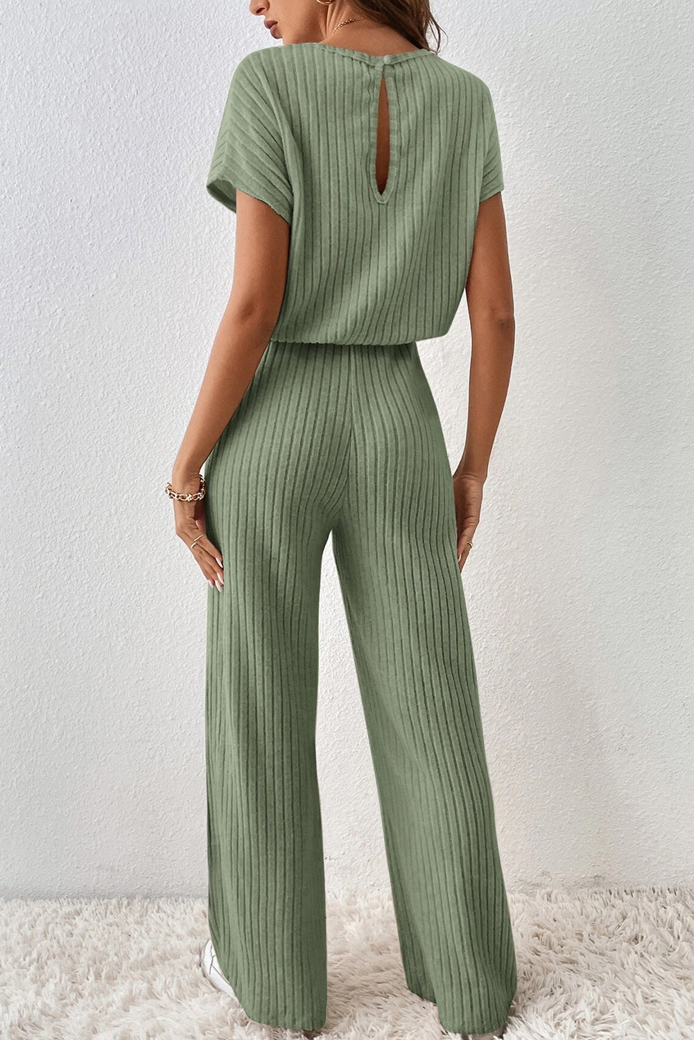 Ribbed Short Sleeve Wide Leg Jumpsuit