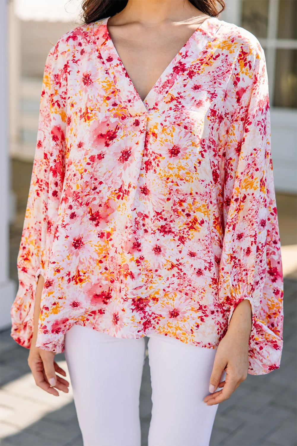 Floral Bubble Sleeve V-Neck Blouse